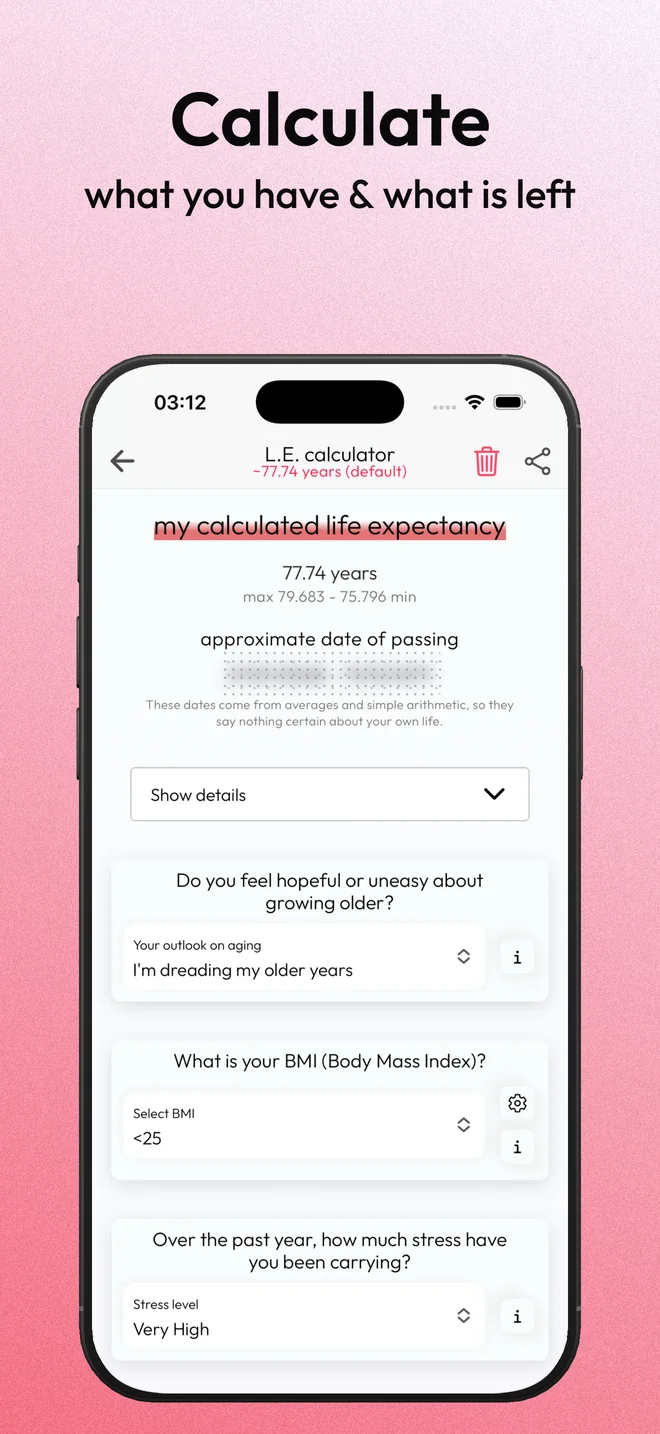 Life expectancy calculator with questions about outlook on aging, BMI and stress