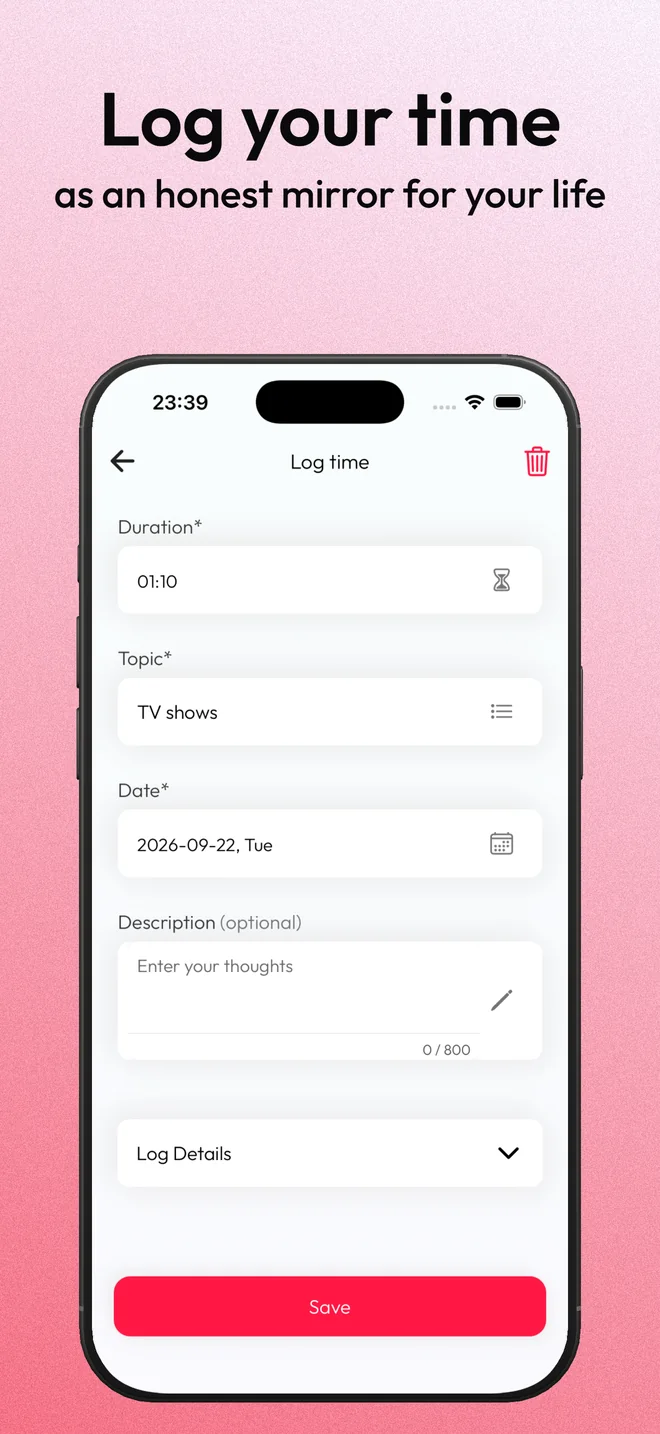 New Time Diary entry with duration, topic, date and an optional description