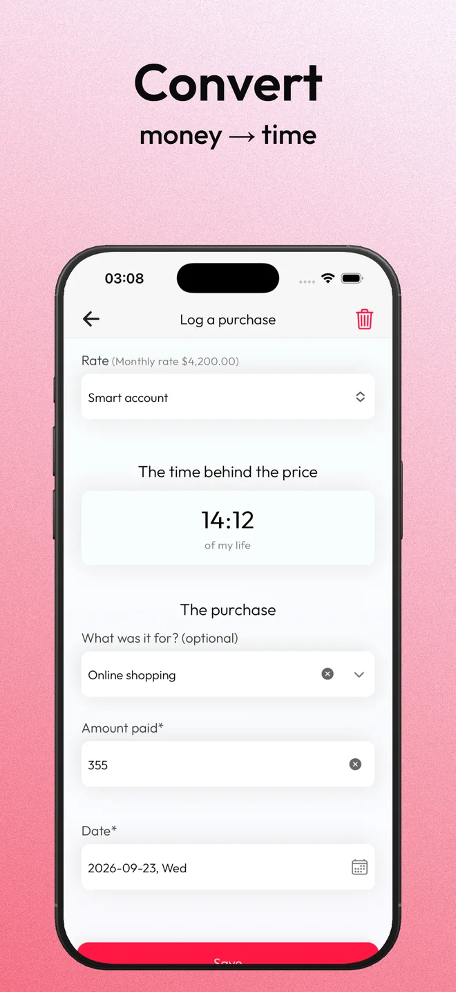 A purchase converted into hours of work in the money-to-time converter